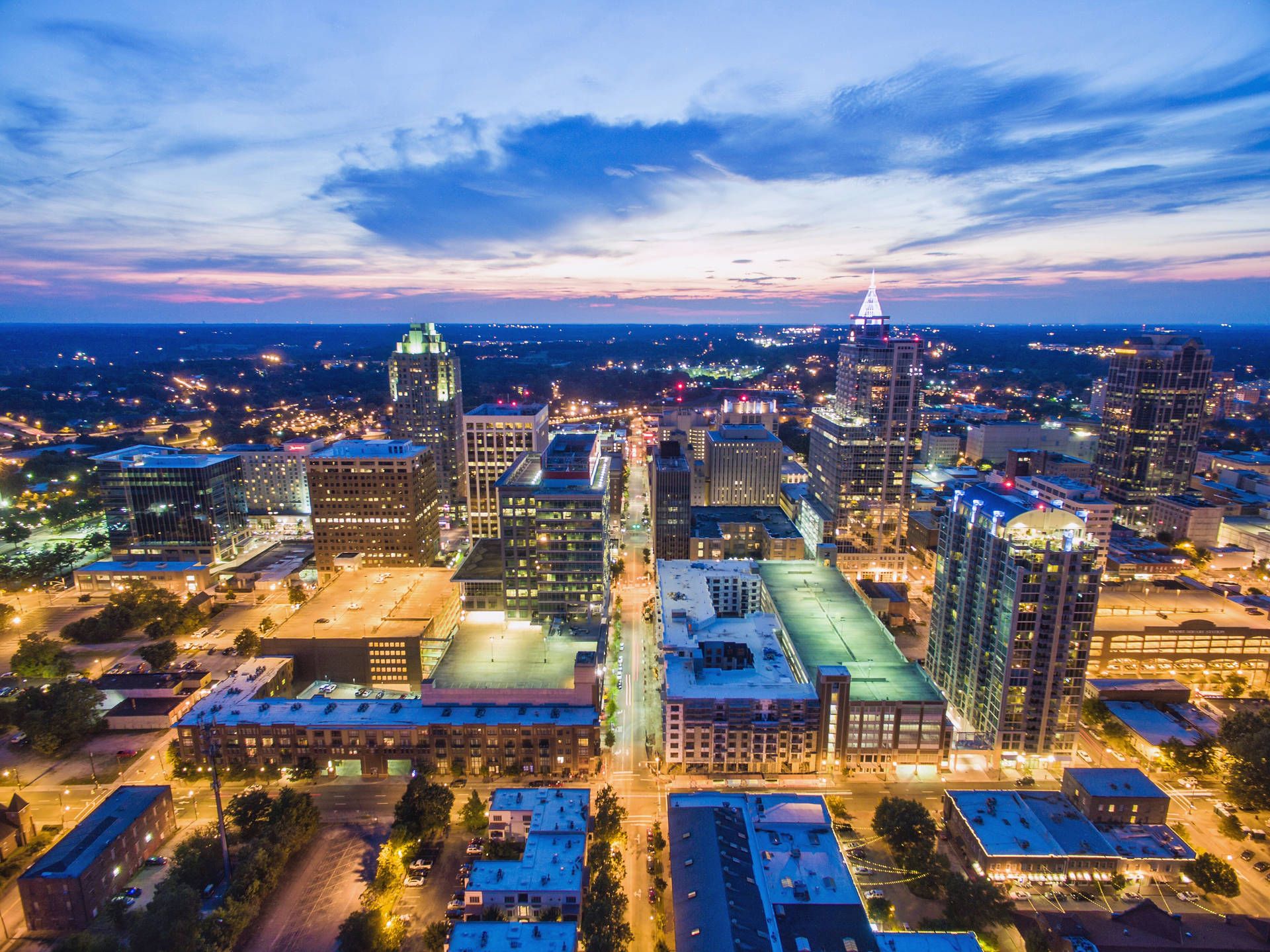 Raleigh skyline and neighborhood atmosphere